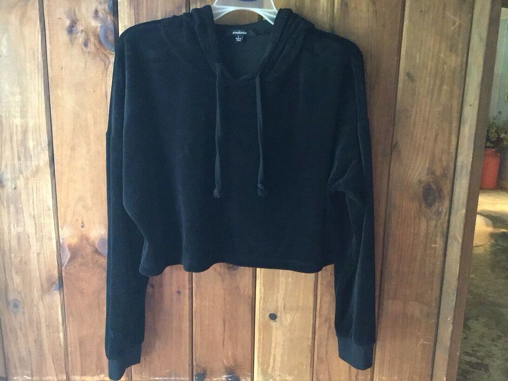 Ambiance Womens Black Velvet Cropped Hoodie Size L Long Sleeve Cozy Casual